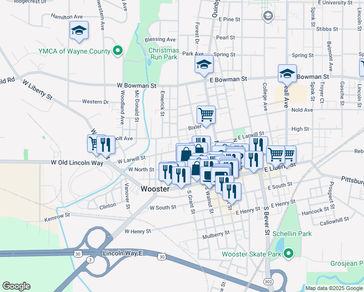 map of restaurants, bars, coffee shops, grocery stores, and more near 247 West Larwill Street in Wooster