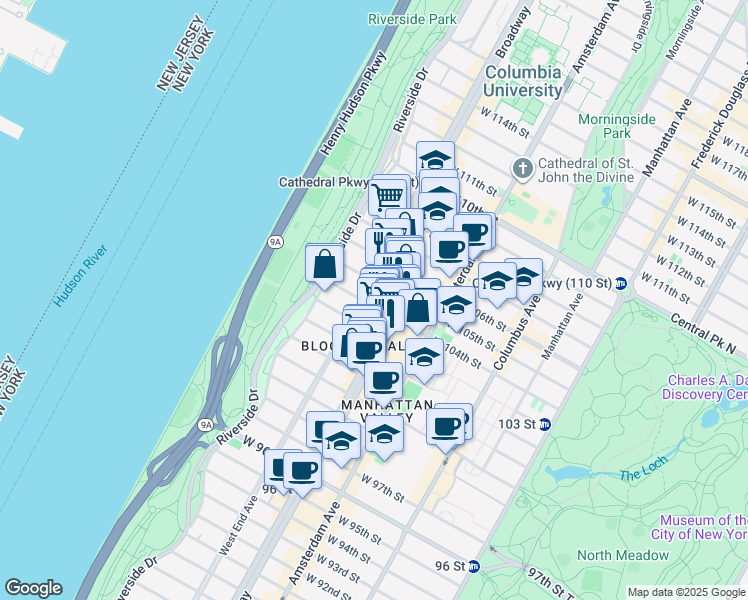 map of restaurants, bars, coffee shops, grocery stores, and more near 890 West End Avenue in New York