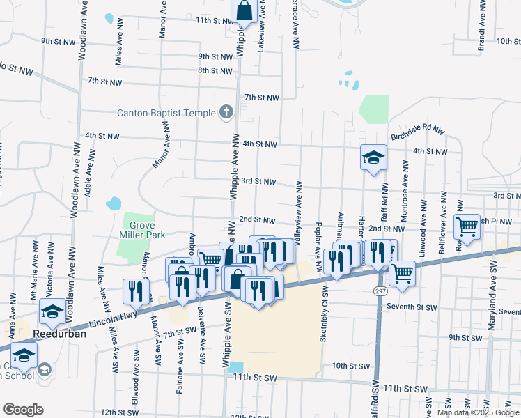 map of restaurants, bars, coffee shops, grocery stores, and more near 206 Grandview Avenue Northwest in Canton
