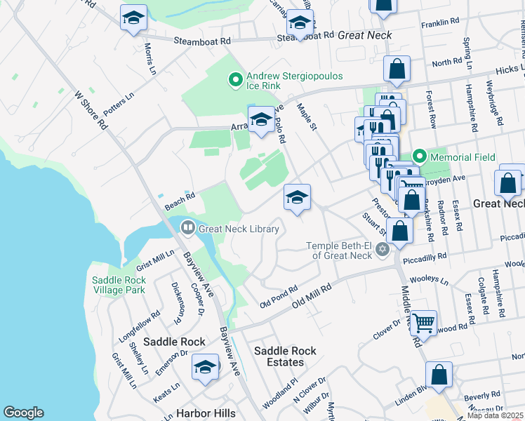 map of restaurants, bars, coffee shops, grocery stores, and more near 78 Beach Road in Great Neck