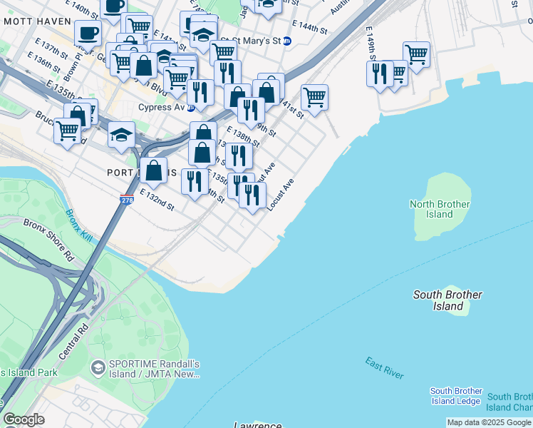 map of restaurants, bars, coffee shops, grocery stores, and more near 159 Locust Avenue in Bronx