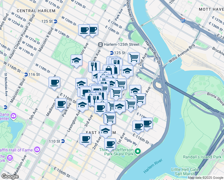 map of restaurants, bars, coffee shops, grocery stores, and more near 2193 3rd Avenue in New York