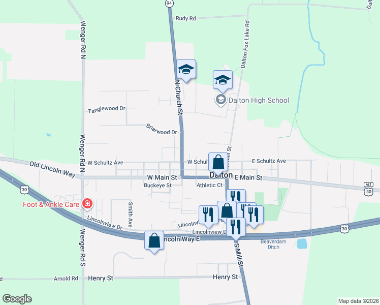 map of restaurants, bars, coffee shops, grocery stores, and more near 130 West Schultz Avenue in Dalton