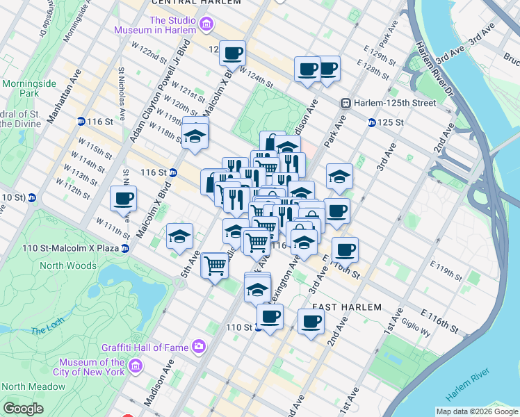 map of restaurants, bars, coffee shops, grocery stores, and more near 87 East 116th Street in New York
