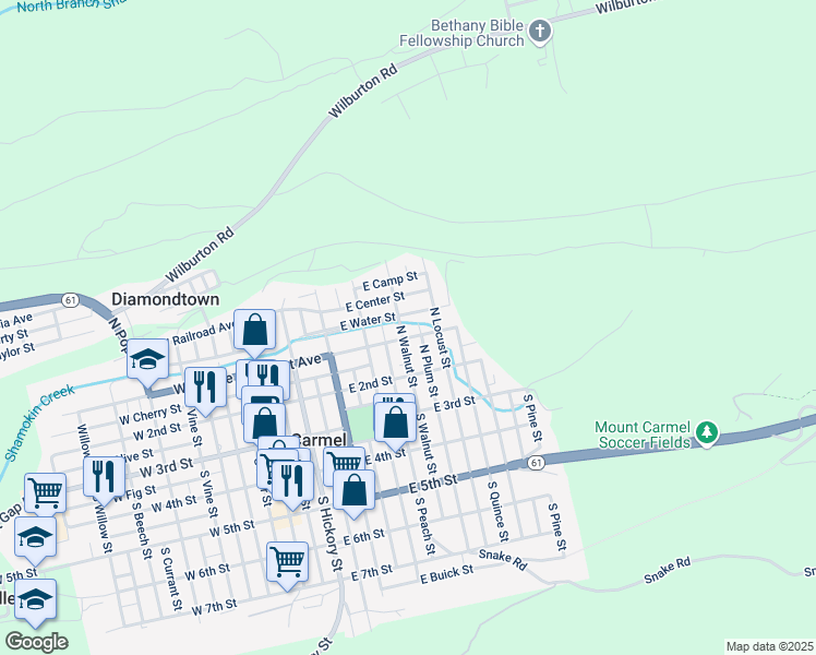 map of restaurants, bars, coffee shops, grocery stores, and more near 331-399 East Mount Carmel Avenue in Mount Carmel