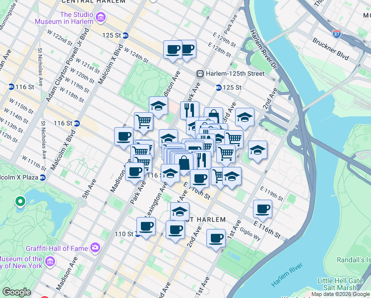 map of restaurants, bars, coffee shops, grocery stores, and more near 1915 Lexington Avenue in New York