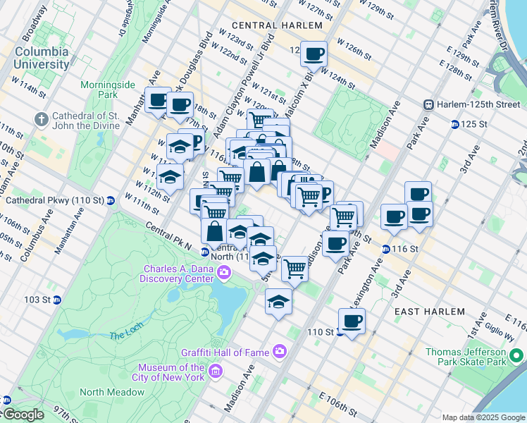 map of restaurants, bars, coffee shops, grocery stores, and more near 40 West 115th Street in New York