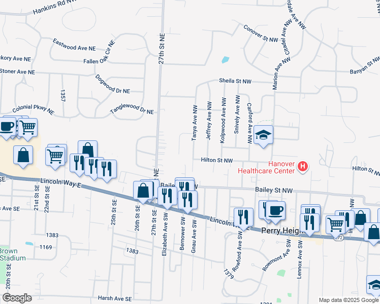 map of restaurants, bars, coffee shops, grocery stores, and more near 515 Tanya Avenue Northwest in Massillon