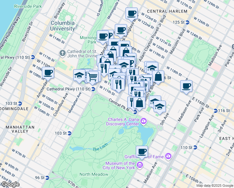 map of restaurants, bars, coffee shops, grocery stores, and more near 1838 7th Avenue in New York