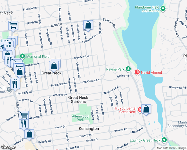 map of restaurants, bars, coffee shops, grocery stores, and more near 16 Old Colony Lane in Great Neck