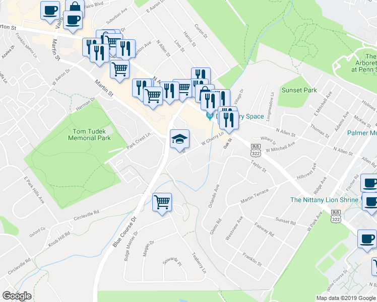 map of restaurants, bars, coffee shops, grocery stores, and more near 761 West Cherry Lane in State College