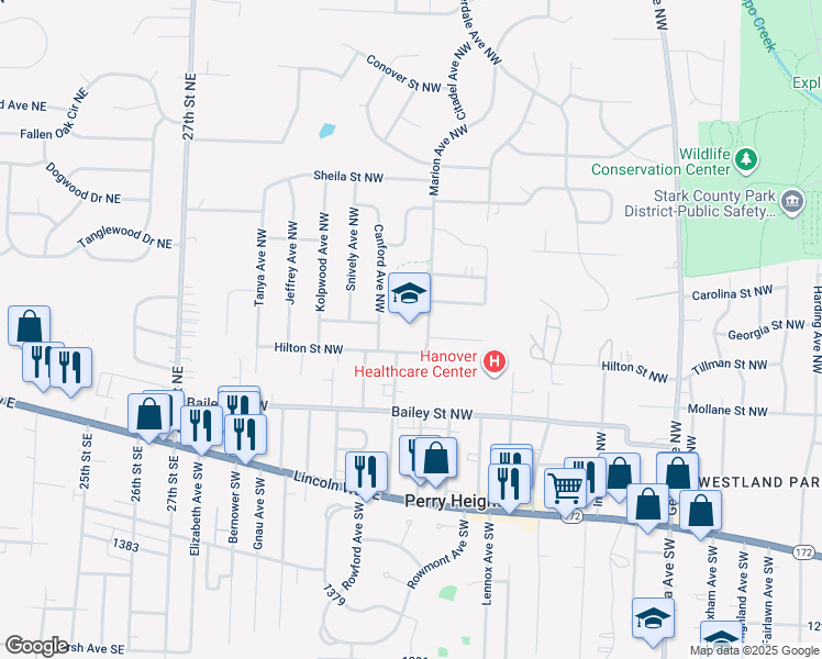 map of restaurants, bars, coffee shops, grocery stores, and more near 515 Marion Avenue Northwest in Massillon
