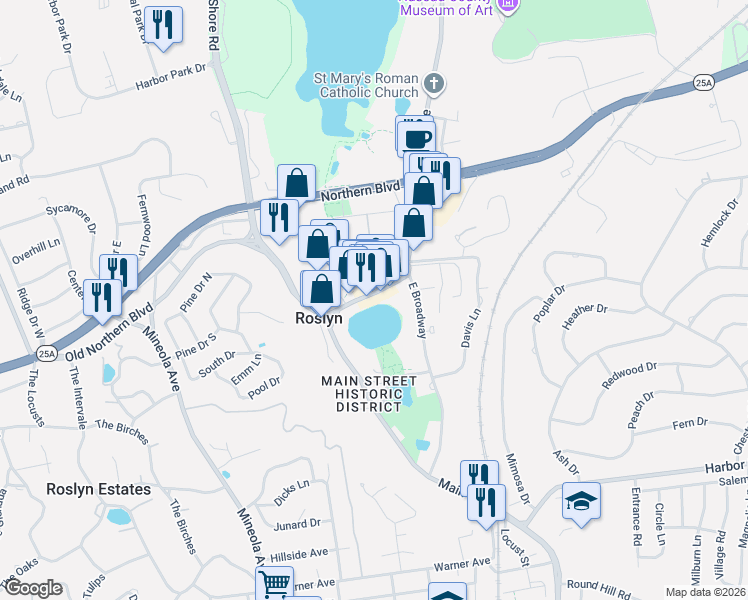 map of restaurants, bars, coffee shops, grocery stores, and more near 1356 Old Northern Boulevard in Roslyn