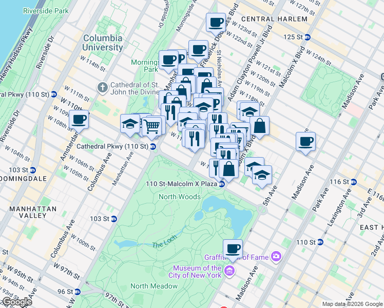 map of restaurants, bars, coffee shops, grocery stores, and more near 157 West 111th Street in New York