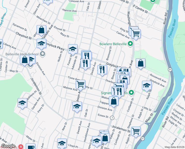 map of restaurants, bars, coffee shops, grocery stores, and more near 111 Overlook Avenue in Belleville