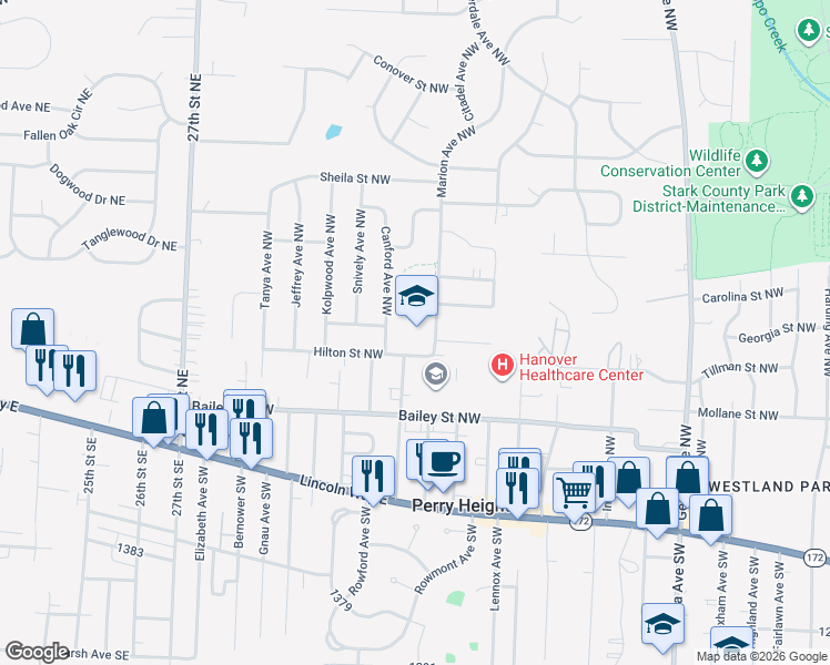 map of restaurants, bars, coffee shops, grocery stores, and more near 515 Marion Avenue Northwest in Massillon