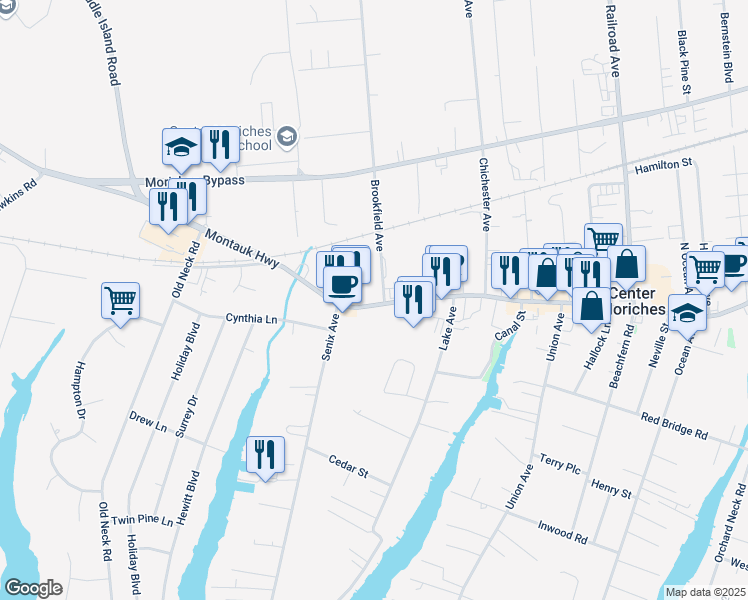 map of restaurants, bars, coffee shops, grocery stores, and more near 600 Montauk Highway in Center Moriches