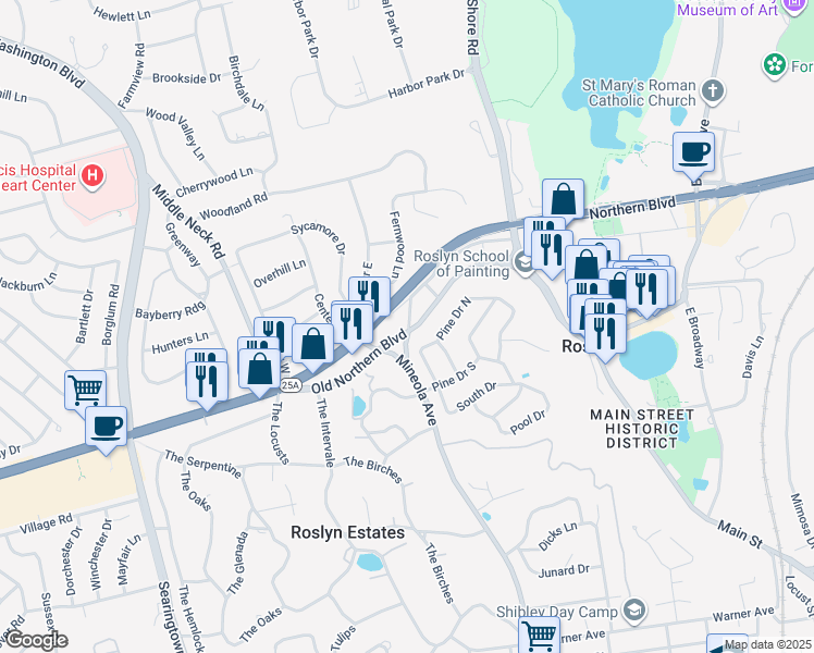 map of restaurants, bars, coffee shops, grocery stores, and more near 8A Pine Drive North in Roslyn