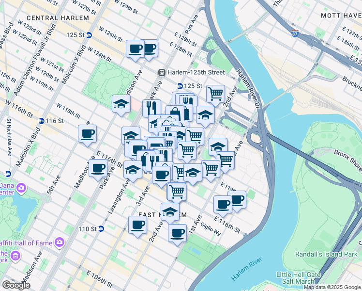 map of restaurants, bars, coffee shops, grocery stores, and more near 2193 3rd Avenue in New York