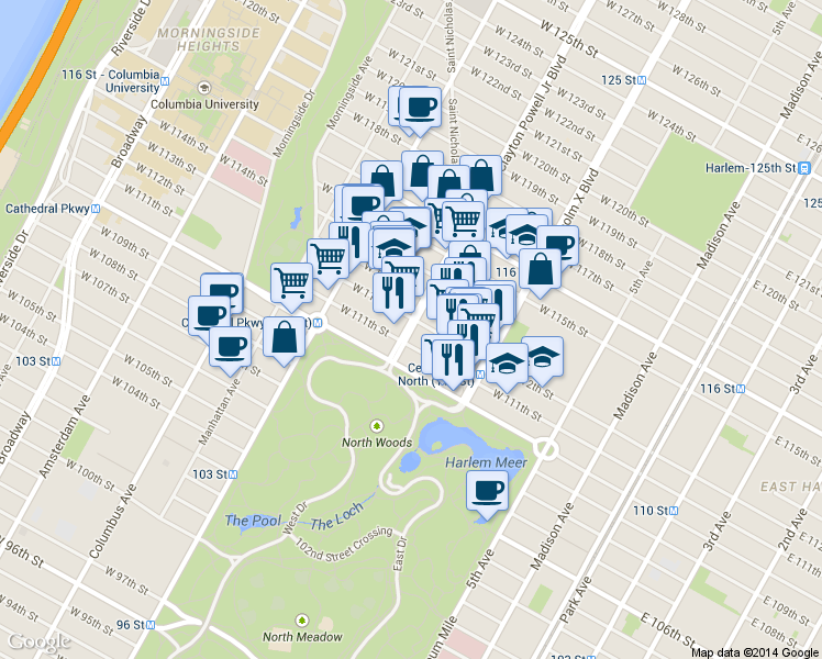 map of restaurants, bars, coffee shops, grocery stores, and more near 157 West 111th Street in New York