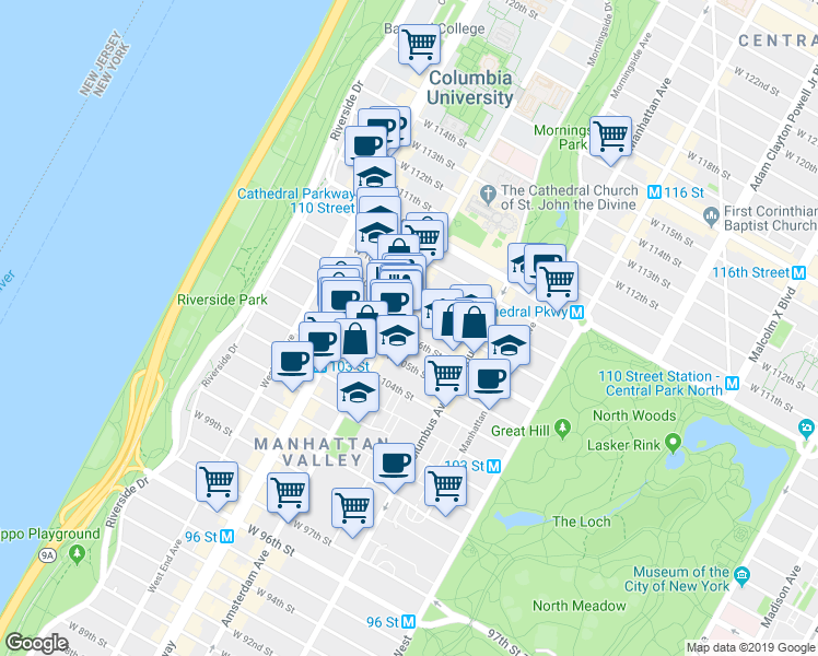 map of restaurants, bars, coffee shops, grocery stores, and more near 947 Amsterdam Avenue in New York