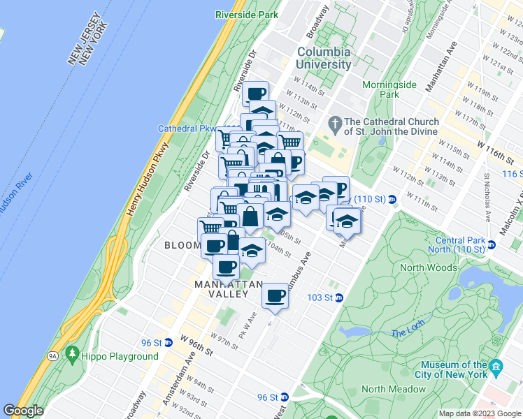 map of restaurants, bars, coffee shops, grocery stores, and more near 918-900 Amsterdam Avenue in New York