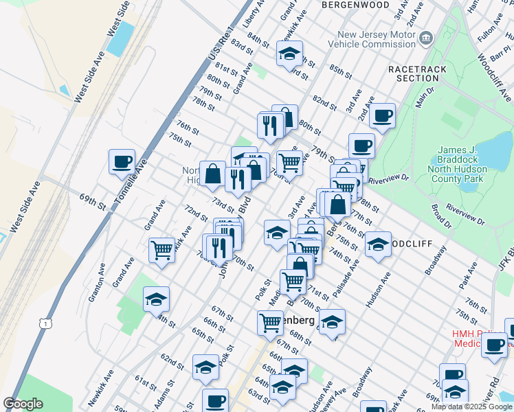 map of restaurants, bars, coffee shops, grocery stores, and more near 7309 5th Avenue in North Bergen