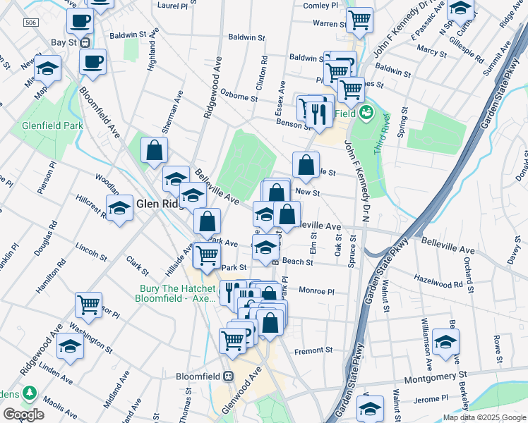 map of restaurants, bars, coffee shops, grocery stores, and more near 355 Belleville Avenue in Bloomfield