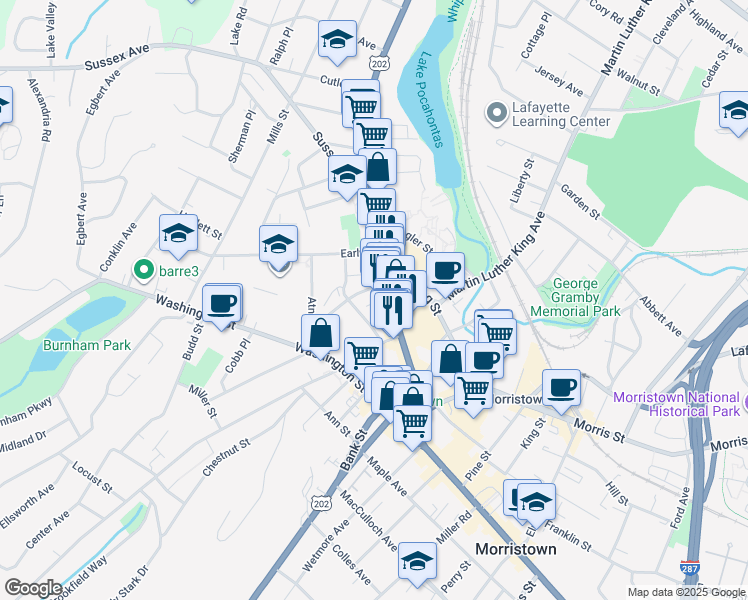 map of restaurants, bars, coffee shops, grocery stores, and more near 17 Prospect Street in Morristown