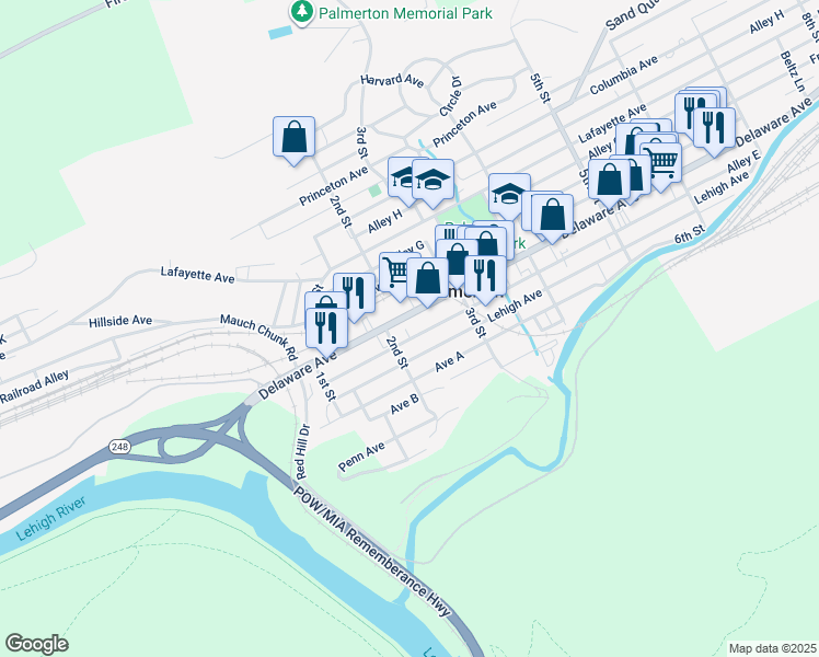 map of restaurants, bars, coffee shops, grocery stores, and more near 219-1/2 Lehigh Avenue in Palmerton