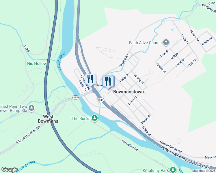 map of restaurants, bars, coffee shops, grocery stores, and more near 600 White St in Bowmanstown
