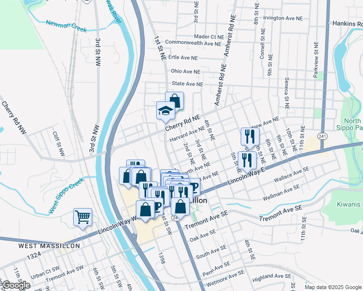 map of restaurants, bars, coffee shops, grocery stores, and more near 323 2nd Street Northeast in Massillon