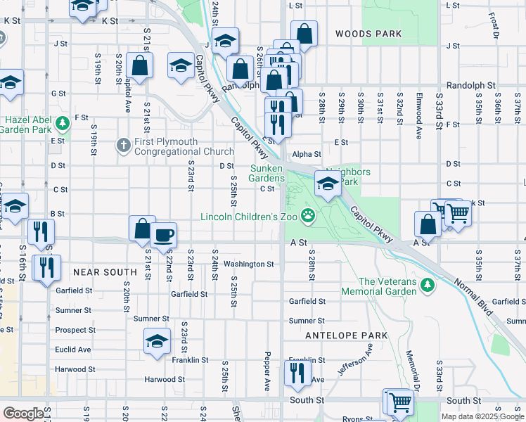 map of restaurants, bars, coffee shops, grocery stores, and more near 2600 B Street in Lincoln