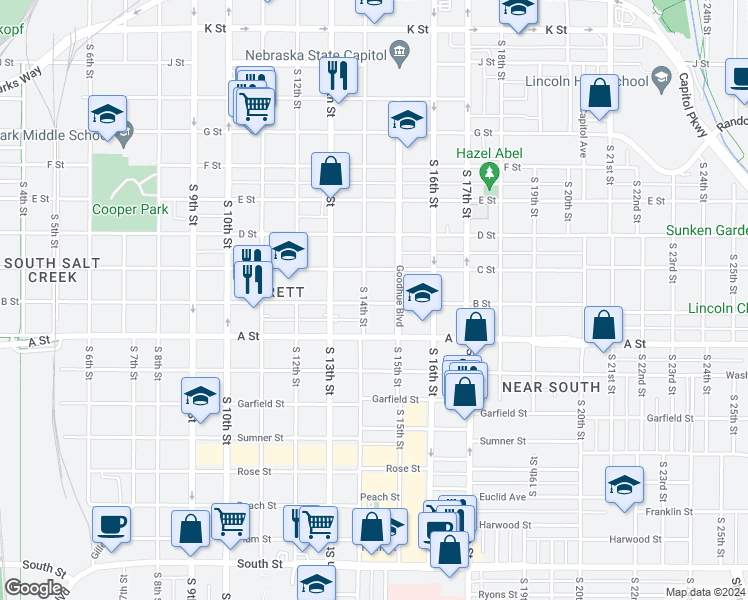 map of restaurants, bars, coffee shops, grocery stores, and more near 1427 B Street in Lincoln
