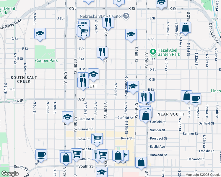 map of restaurants, bars, coffee shops, grocery stores, and more near 1321 B Street in Lincoln