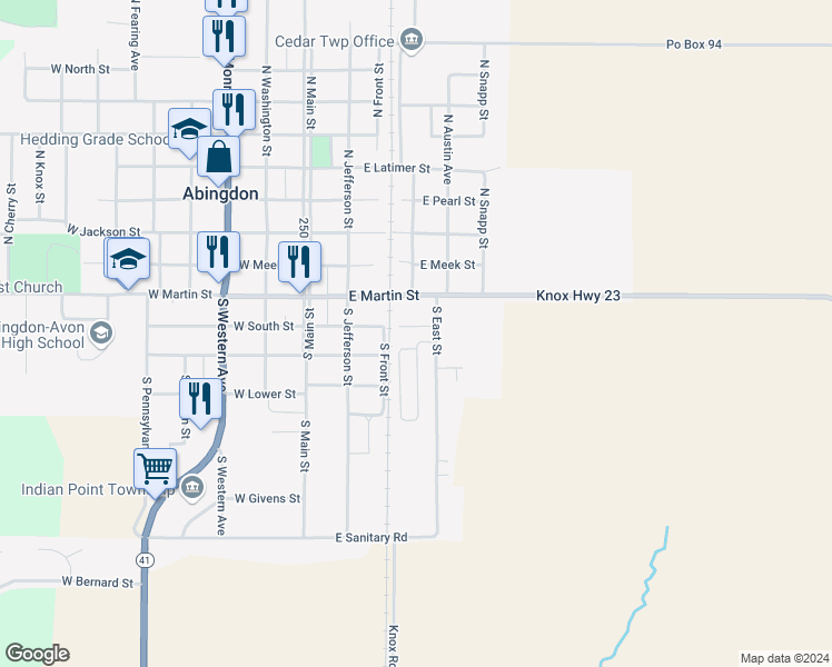 map of restaurants, bars, coffee shops, grocery stores, and more near 305 East South Street in Abingdon