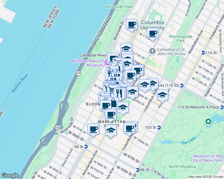 map of restaurants, bars, coffee shops, grocery stores, and more near 2735 Broadway in New York