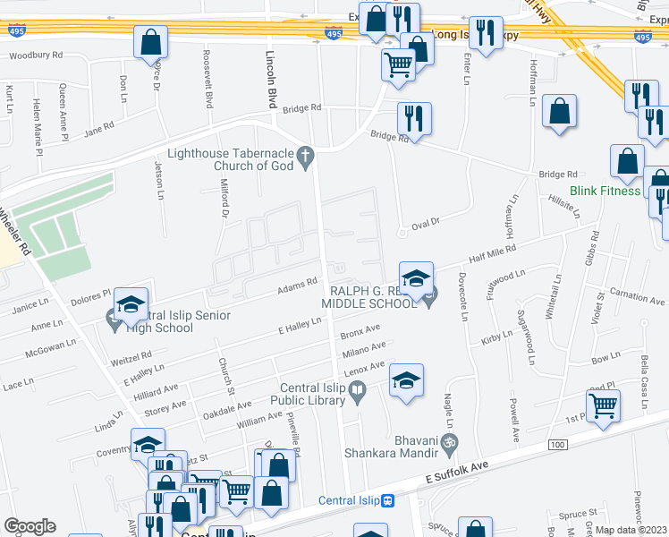 map of restaurants, bars, coffee shops, grocery stores, and more near 145 Hawthorne Avenue in Central Islip