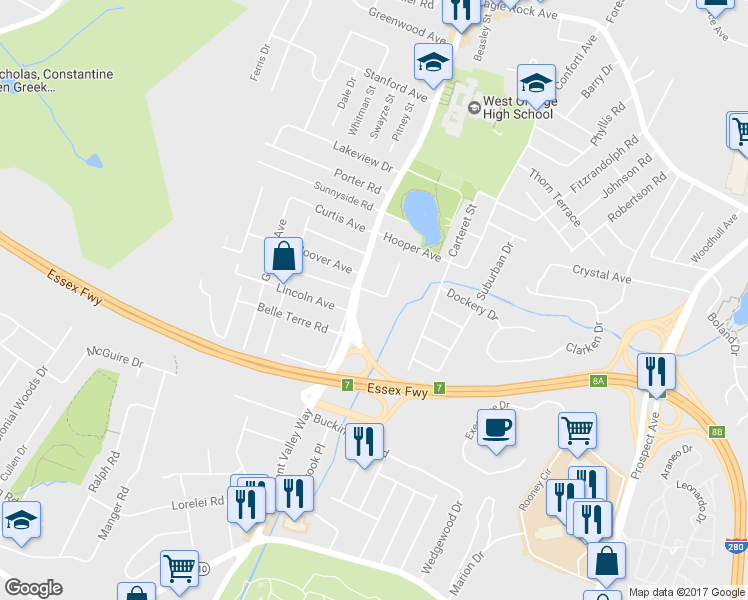 map of restaurants, bars, coffee shops, grocery stores, and more near 5 Wessman Drive in West Orange