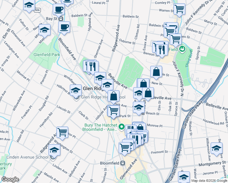 map of restaurants, bars, coffee shops, grocery stores, and more near 24 Edgewood Road in Glen Ridge
