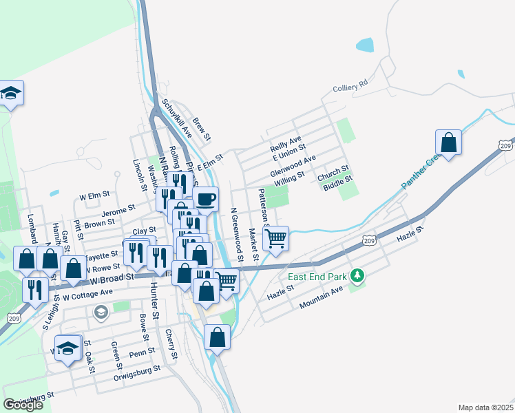 map of restaurants, bars, coffee shops, grocery stores, and more near 201 Market Street in Tamaqua