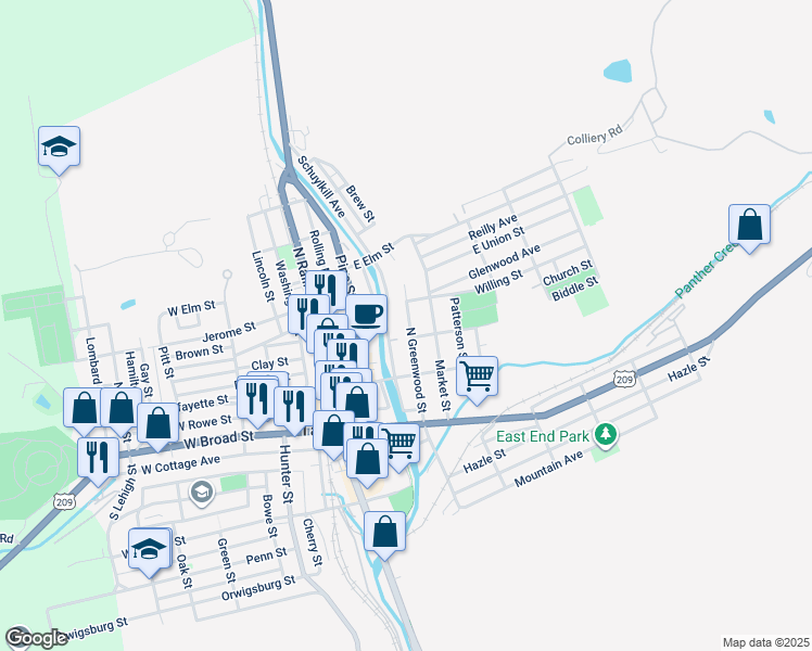 map of restaurants, bars, coffee shops, grocery stores, and more near 212 North Greenwood Street in Tamaqua