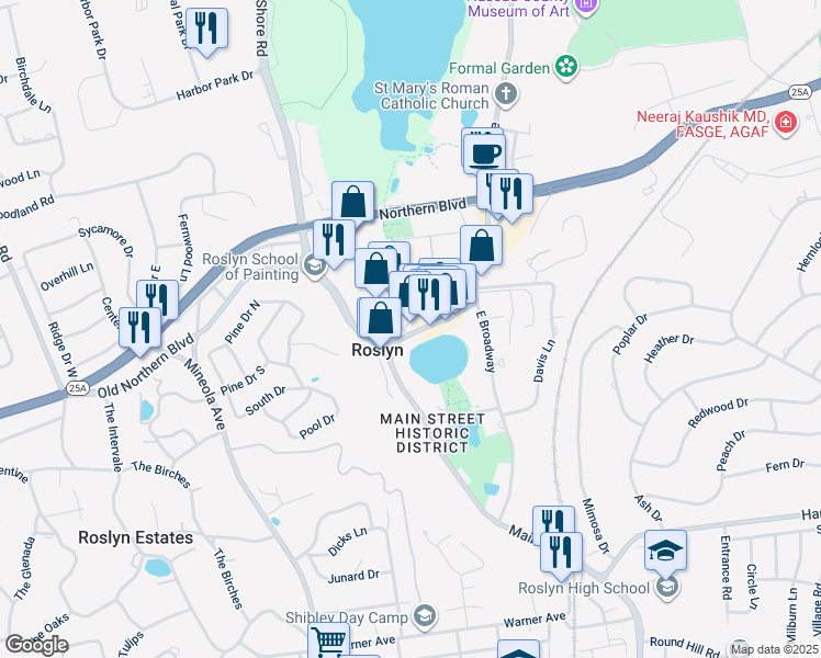 map of restaurants, bars, coffee shops, grocery stores, and more near 1314 Old Northern Boulevard in Roslyn