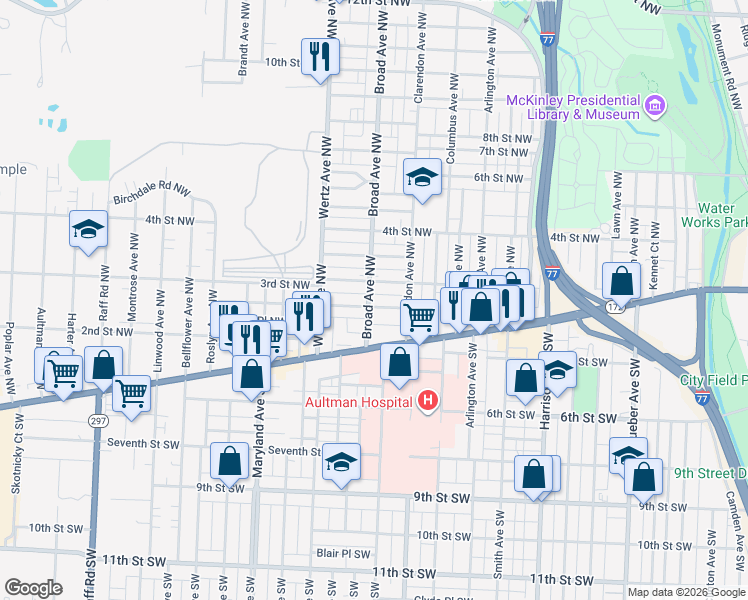 map of restaurants, bars, coffee shops, grocery stores, and more near 2704 2nd Street Northwest in Canton