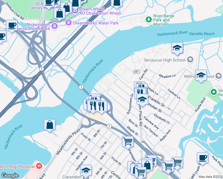 map of restaurants, bars, coffee shops, grocery stores, and more near 303 Hagan Place in Secaucus