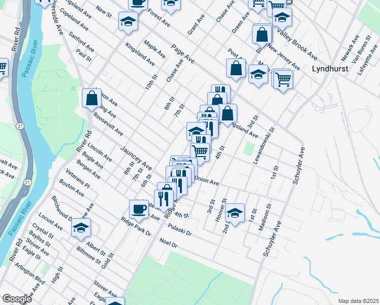 map of restaurants, bars, coffee shops, grocery stores, and more near 737 Ridge Road in Lyndhurst