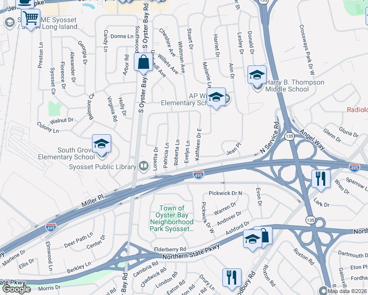 map of restaurants, bars, coffee shops, grocery stores, and more near 11 Evelyn Lane in Syosset