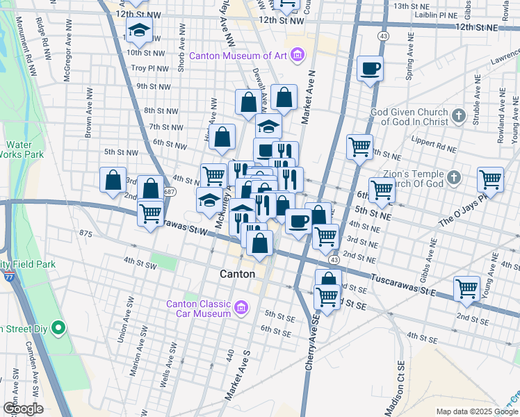 map of restaurants, bars, coffee shops, grocery stores, and more near 120 3rd Street Northwest in Canton