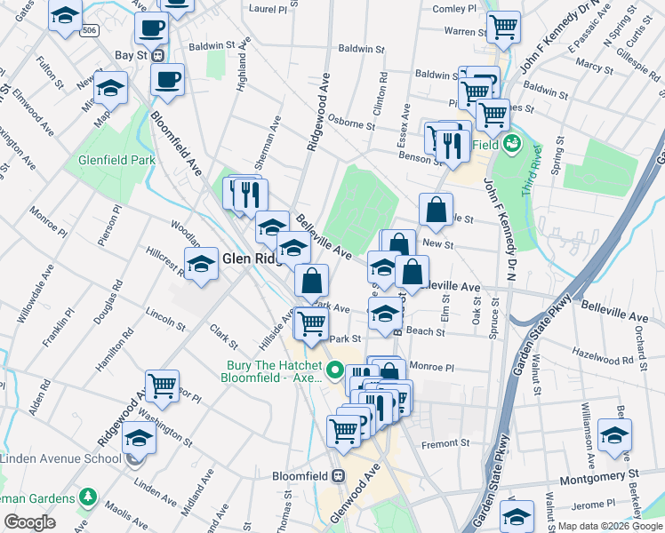 map of restaurants, bars, coffee shops, grocery stores, and more near 24 Edgewood Road in Glen Ridge