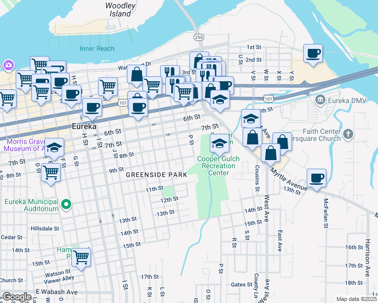 map of restaurants, bars, coffee shops, grocery stores, and more near 826 P Street in Eureka
